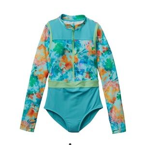 Athleta Floral Mock Neck One Piece Long Sleeve Rash Guard Swimsuit 8/10